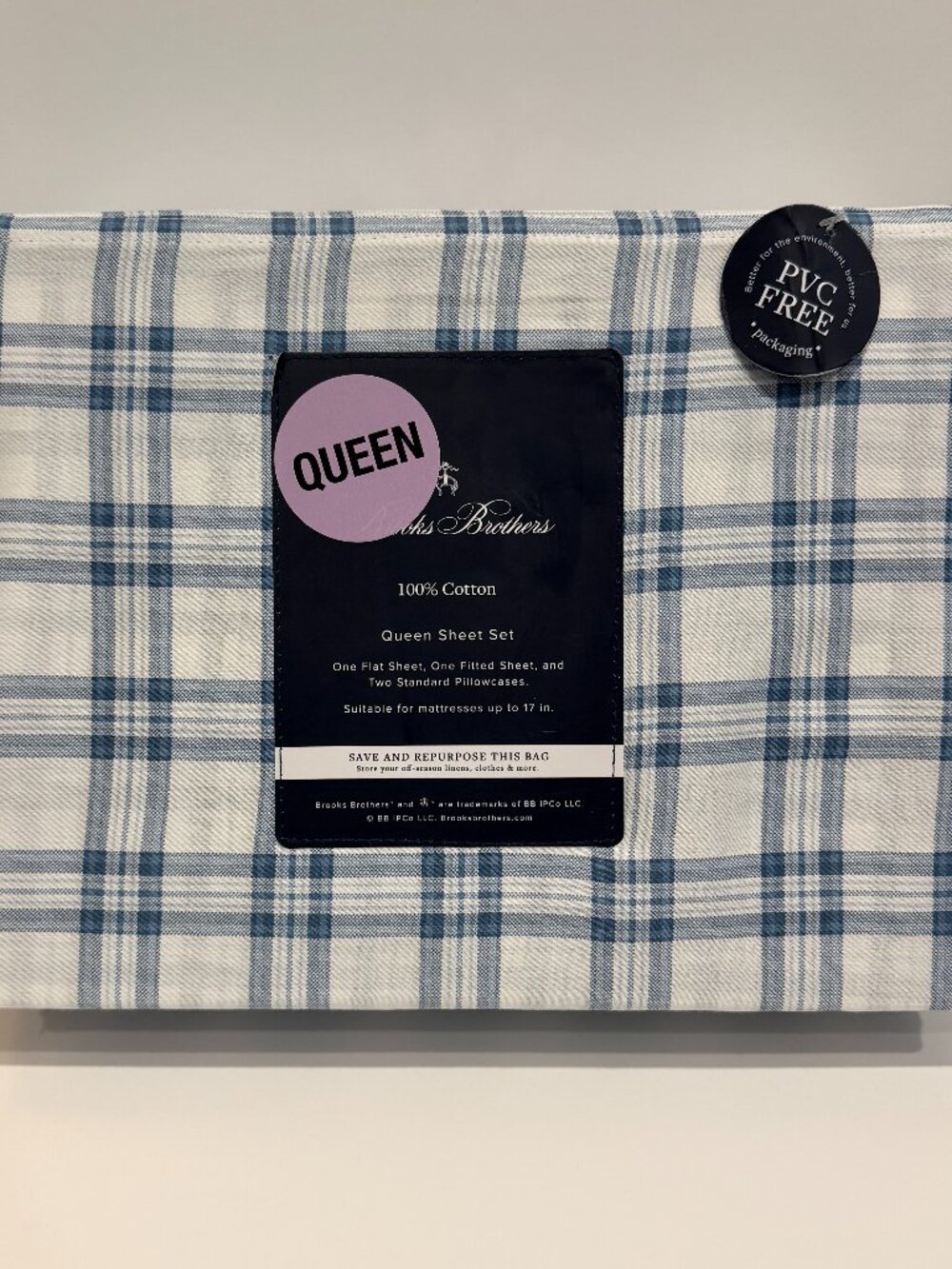 Brooks Brothers Queen Sheet Set 100% Cotton Blue White Plaid 4-Piece NWT